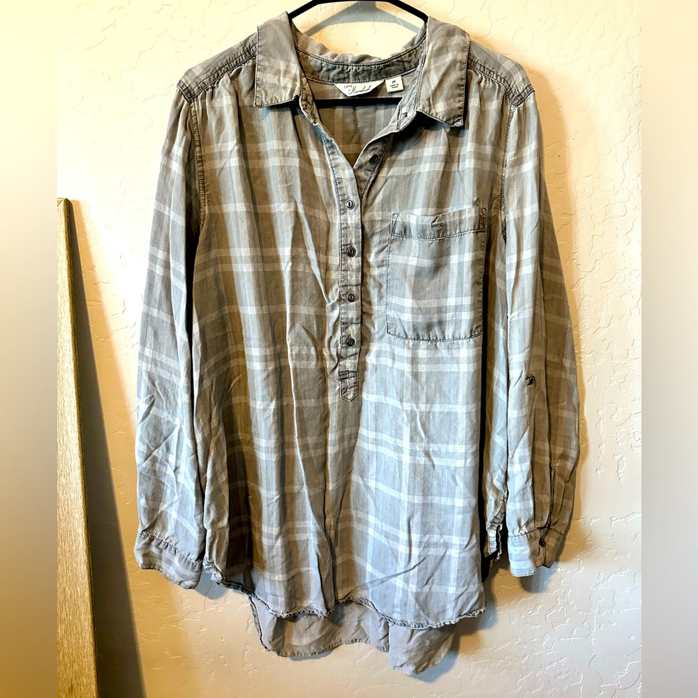 Cafe Marrakesh Plaid 3/4 Button Down Blouse Top